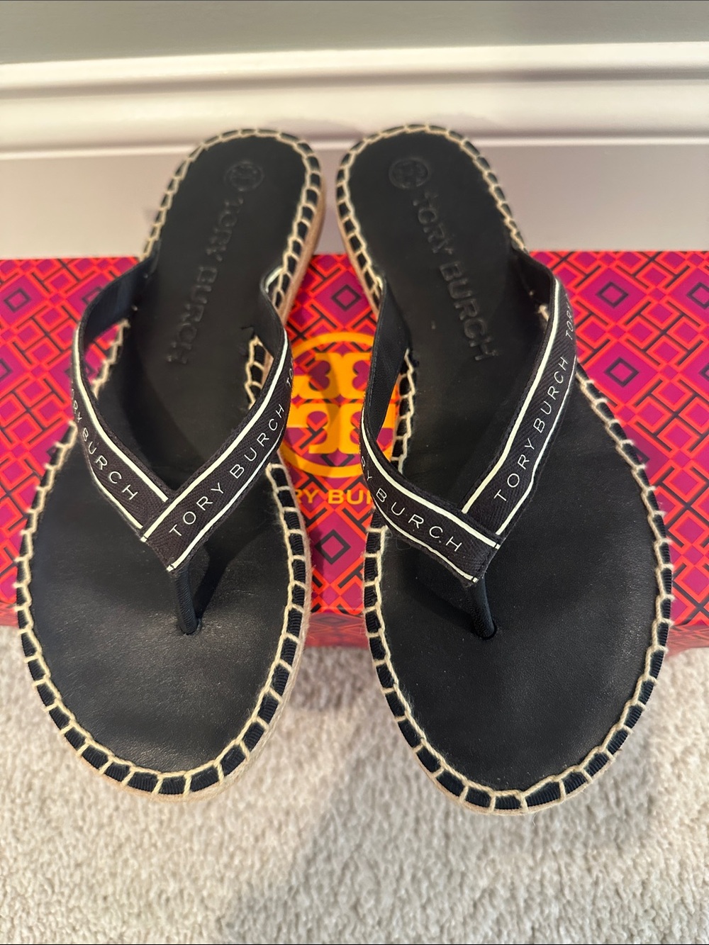 Tory Burch Navy Blue Espadrille Ribbon Thong Sandals
